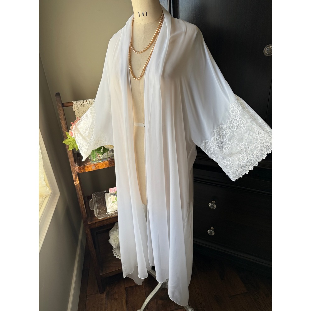 NK i-mode Luxury White Sheer Chiffon Maxi Robe Lace Trim Bridal Peignoir Kimono